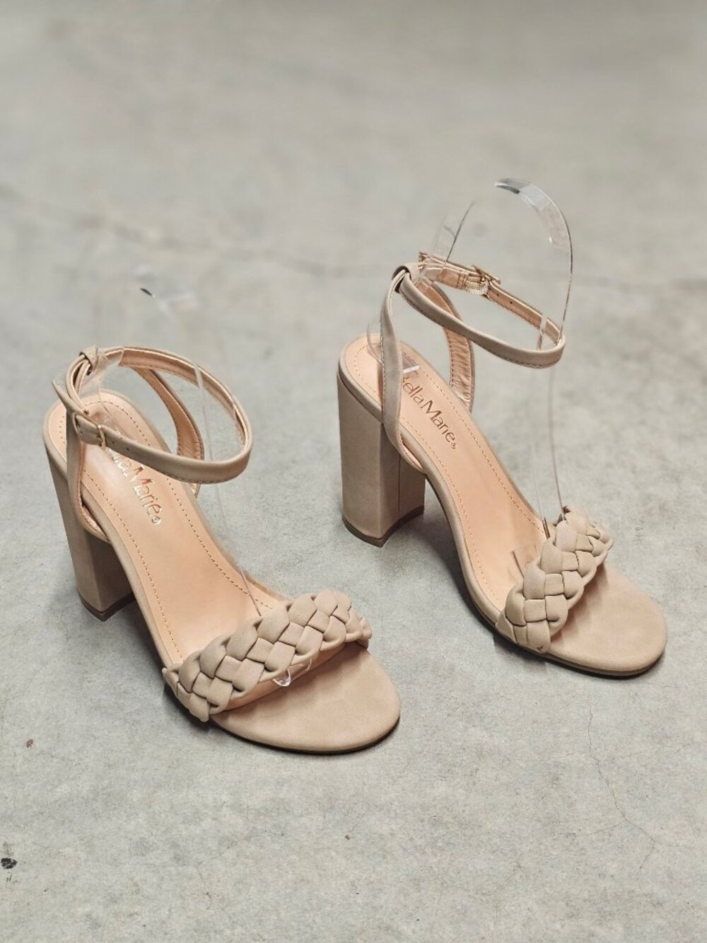 Braided Strap Block Heel Sandals With Adjustable Ankle Strap In Beige
